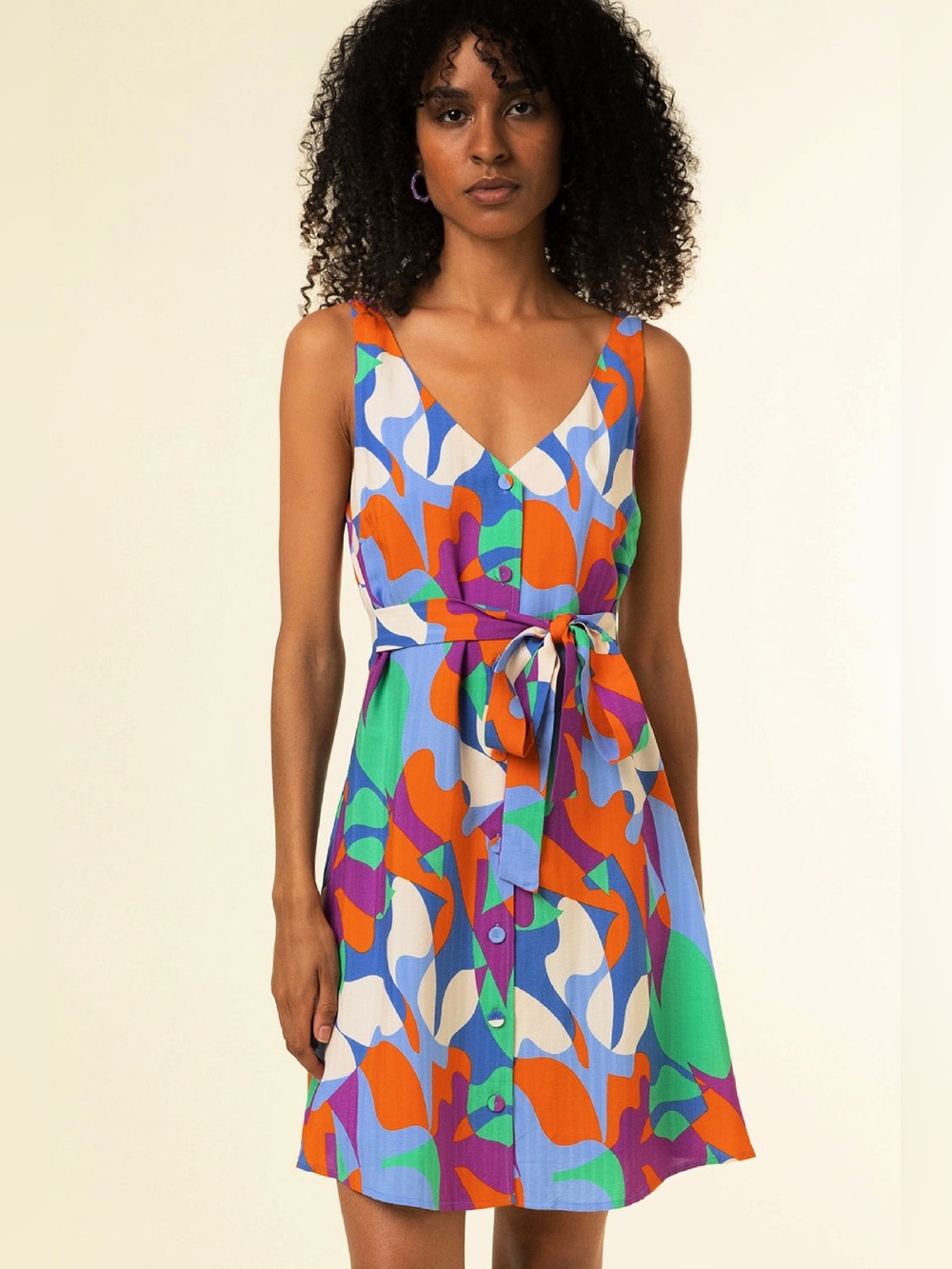 FRNCH Elora Mini Dress In Carnival Print Colorful Tropical Tie Back V-Neck Sz XS
